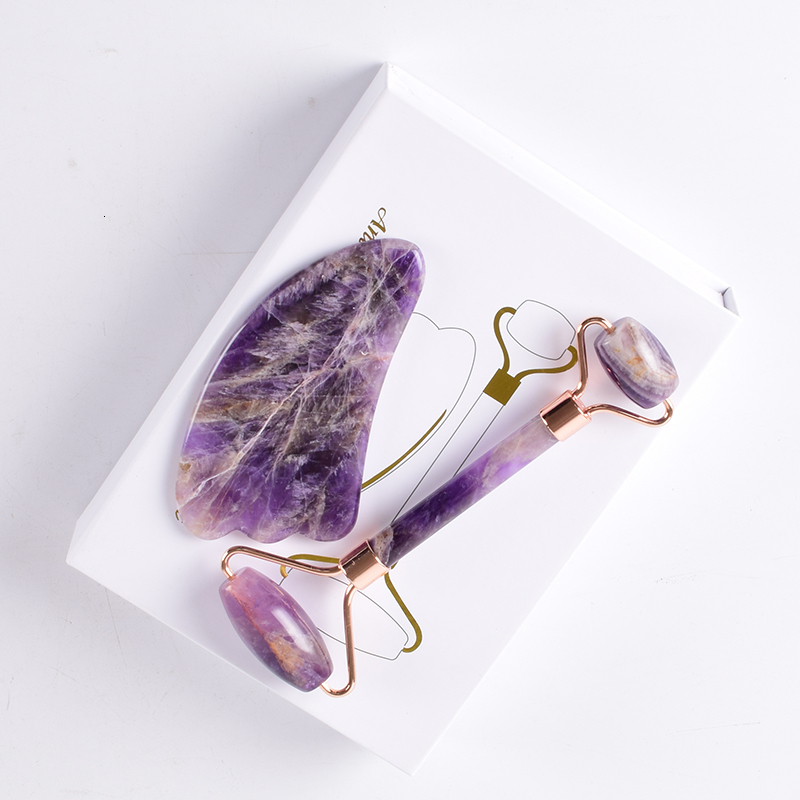 Other Massage Items Rose Gold Face Roller Amethyst Gua Sha Tool Massage Set Natural Stone Acupuncture Scraping Body Healing Massager Health Care 23031