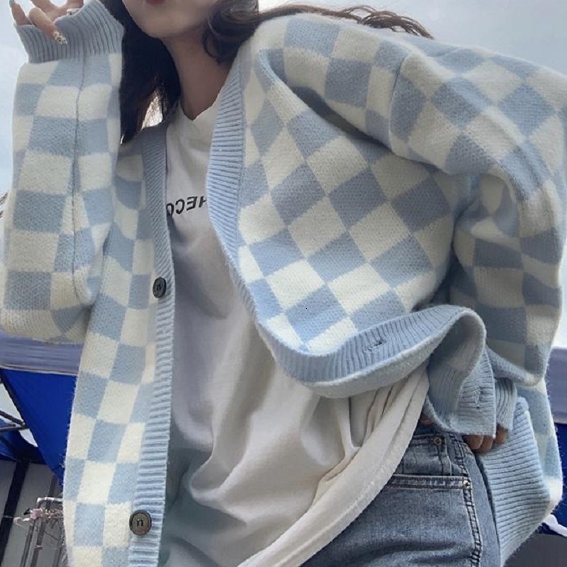 Women's Knits Tees Deeptown Korean Style Oversize Plaid Cardigan Sweater Women Vintage Checkerboard Knit Jacket Fashion Long Sleeve Jumper Female