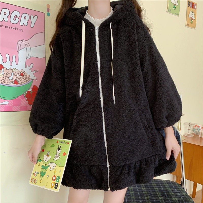 Women's Hoodies Sweatshirts Rabbit Ears Hoodie Zipup Coat Long Lantern Sleeve Hooded Lolita Cute Sweet Girls Harajuku Warm Baggy Outfits 230311