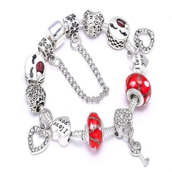 Silver Plated Heart Key Pendant Charm Bracelets For Women Original Girls Princess Crown Beaded Bracelet Wife Jewelry Gc