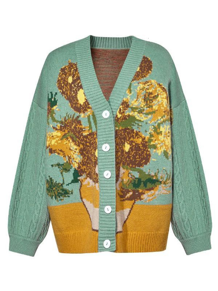 Women's Knits Tees Unisex Cardigan Sweater Harajuku Van Gogh Sunflower Knitted Button Women Men Autumn Casual Loose Knit Top Green Blue 230311