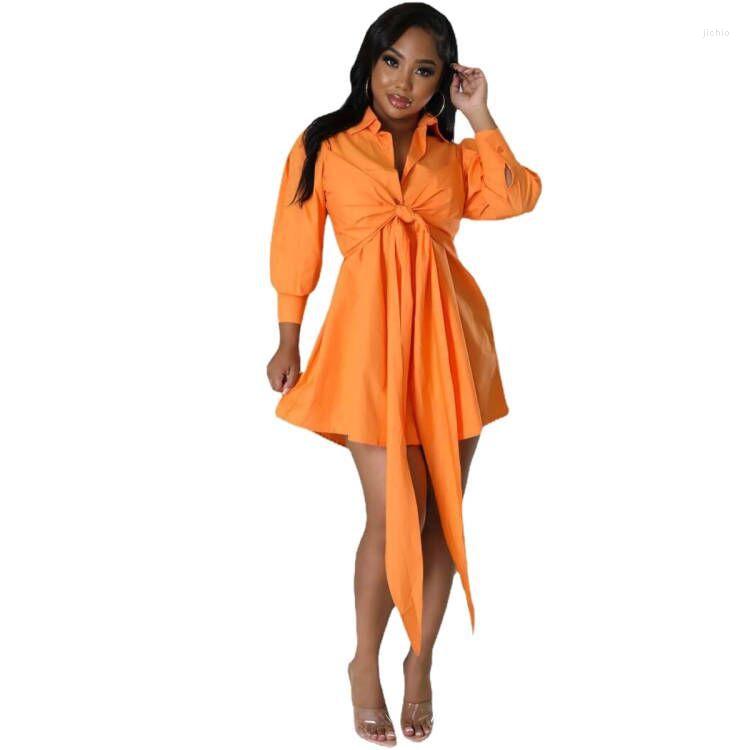 Casual Dresses Szkzk Sexy Shirt Mini Dress Night Club Outfits Women Long Sleeves Lace Up Bow Turndown Collar Party Clubwear High Waist