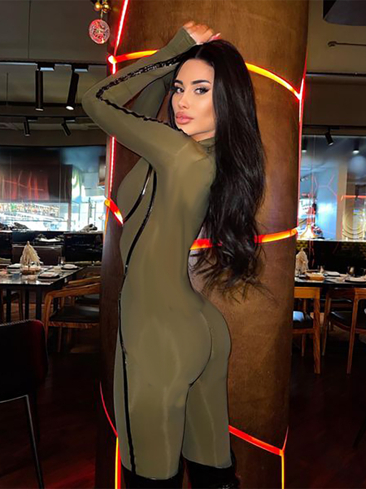 Women's Jumpsuits Rompers TARUXY Sports Leather Zipper Tight Hip Jumpsuit Women Spring Long Sleeve Patchwork Ribbon Split Line Rompers Streetwear