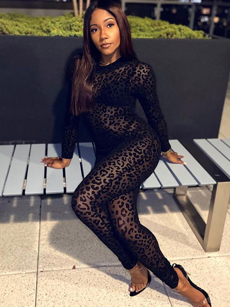 Women's Jumpsuits Rompers Simenual Animal Instinct Mesh Bodystocking Leopard See Through Velour Long Sleeve Rompers Womens Jumpsuit Sexy Midnight