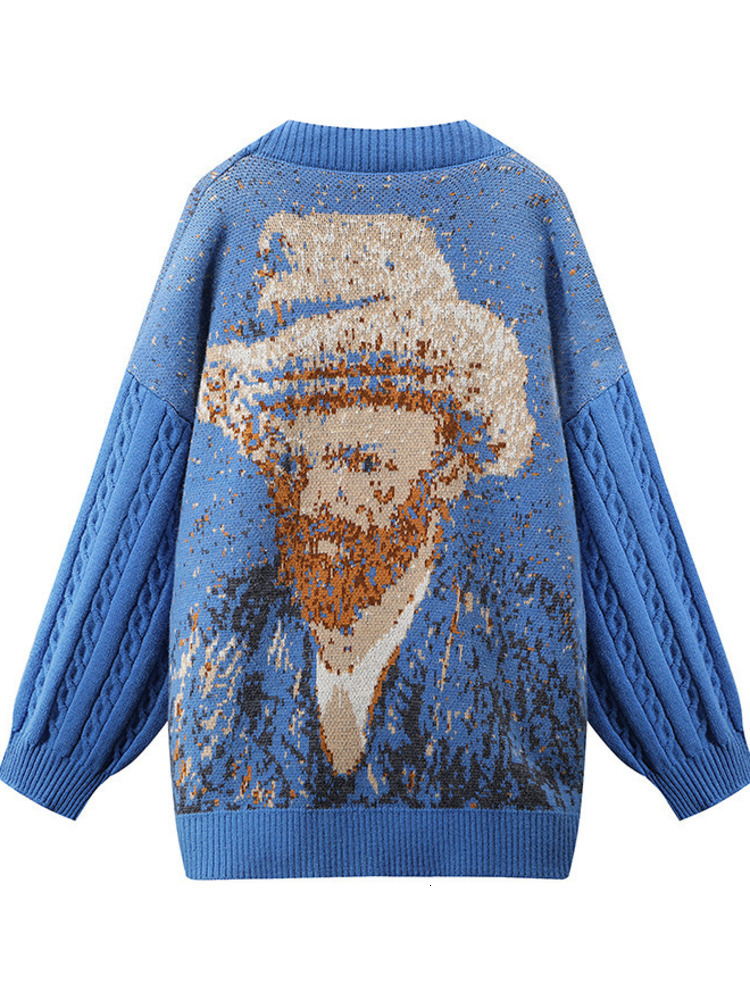 Women's Knits Tees Unisex Cardigan Sweater Harajuku Van Gogh Sunflower Knitted Button Women Men Autumn Casual Loose Knit Top Green Blue 230311