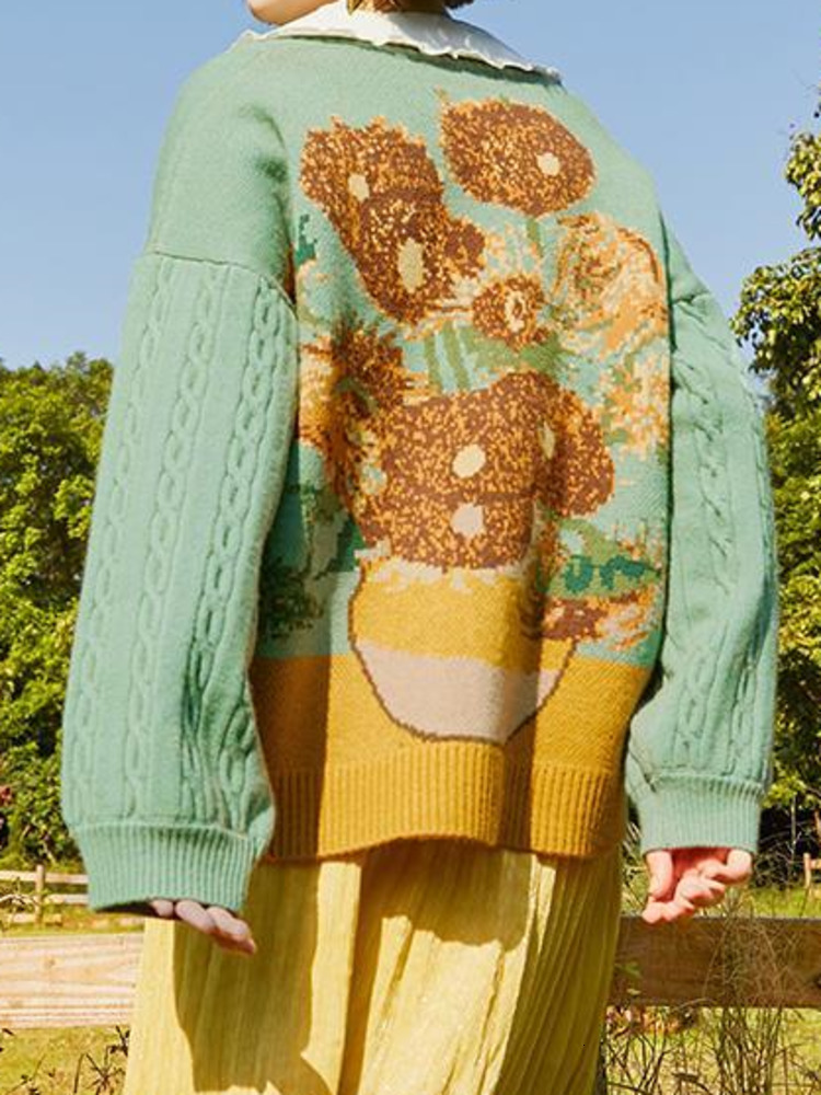 Women's Knits Tees Unisex Cardigan Sweater Harajuku Van Gogh Sunflower Knitted Button Women Men Autumn Casual Loose Knit Top Green Blue 230311