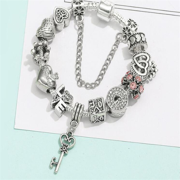 Silver Plated Heart Key Pendant Charm Bracelets For Women Original Girls Princess Crown Beaded Bracelet Wife Jewelry Gc