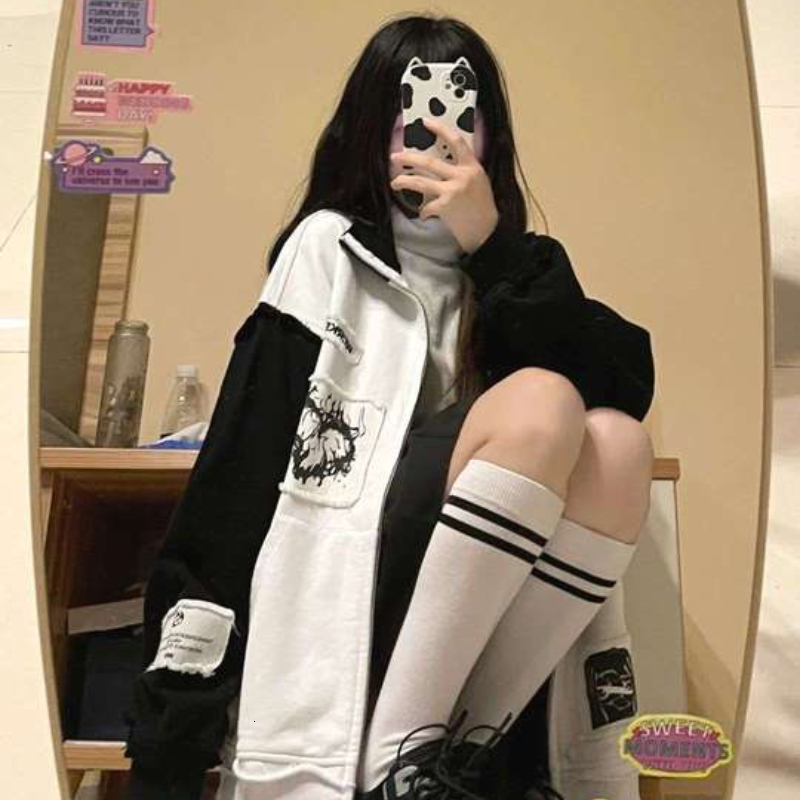 Women's Hoodies Sweatshirts Deeptown Gothic Zip Up Streetwear Women Grunge Oversized Sweatshirt Vintage Coat Korean Fashion Autumn Thin Clothes G
