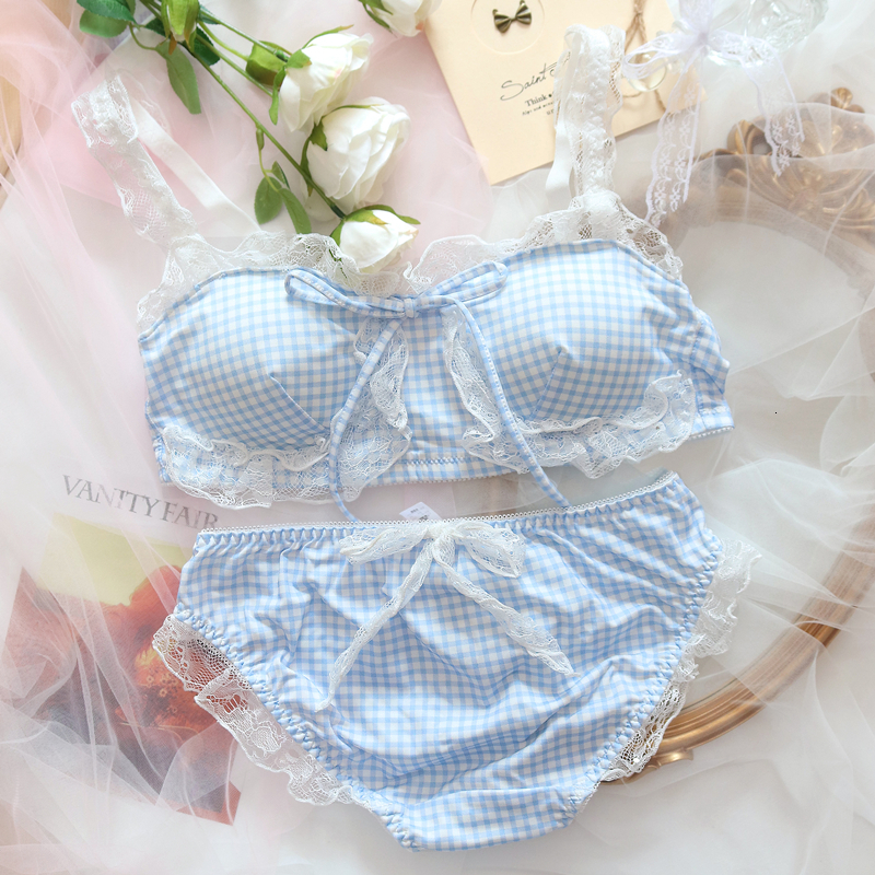 Bras Sets Summer Fresh Blue Bras Collection Japanese Lolita Girl Student Underwear Set Sweet Cute Small Bra and Panty Sets 230311