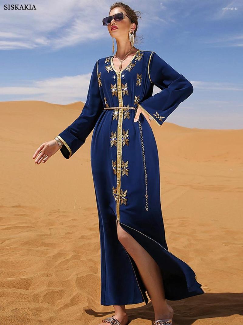 

Ethnic Clothing Dresses For Women Floral Rhinestone Party Dress Long Sleeve Belted Kaftan Loose Waist Turkey Robe Muslim Abaya Dubai Ramadan