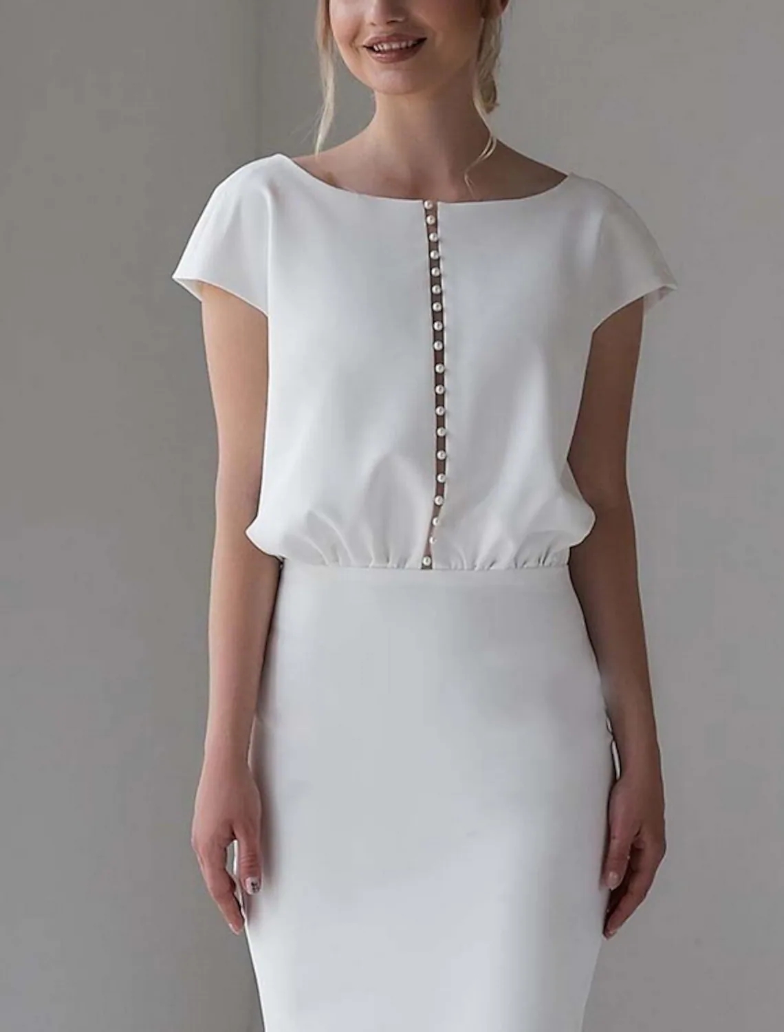 Simple Wedding Dress 2023 Tea Length Short Sleeve Satin Jewel Neck Bride Party Gowns Bridal Shower Robe De Mariage Boho