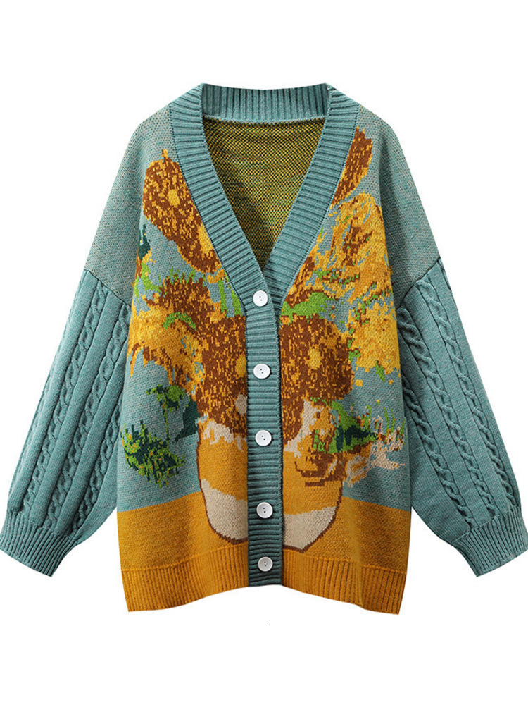 Women's Knits Tees Unisex Cardigan Sweater Harajuku Van Gogh Sunflower Knitted Button Women Men Autumn Casual Loose Knit Top Green Blue 230311