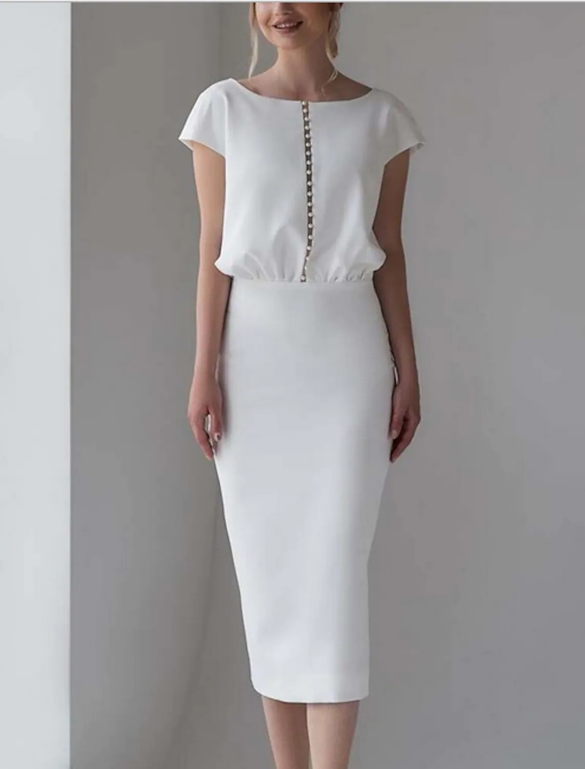Simple Wedding Dress 2023 Tea Length Short Sleeve Satin Jewel Neck Bride Party Gowns Bridal Shower Robe De Mariage Boho