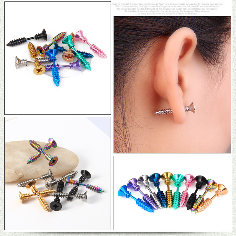 Hip Hop Stainless Steel Screw Stud Earrings Jewelry Vingate Men's No Fading No Allergies Earrings