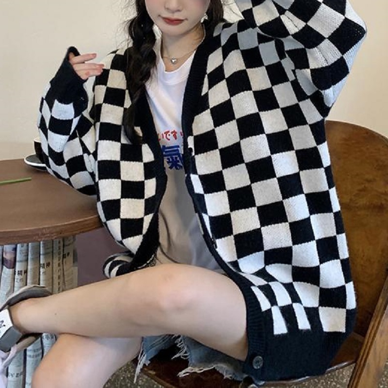 Women's Knits Tees Deeptown Korean Style Oversize Plaid Cardigan Sweater Women Vintage Checkerboard Knit Jacket Fashion Long Sleeve Jumper Female