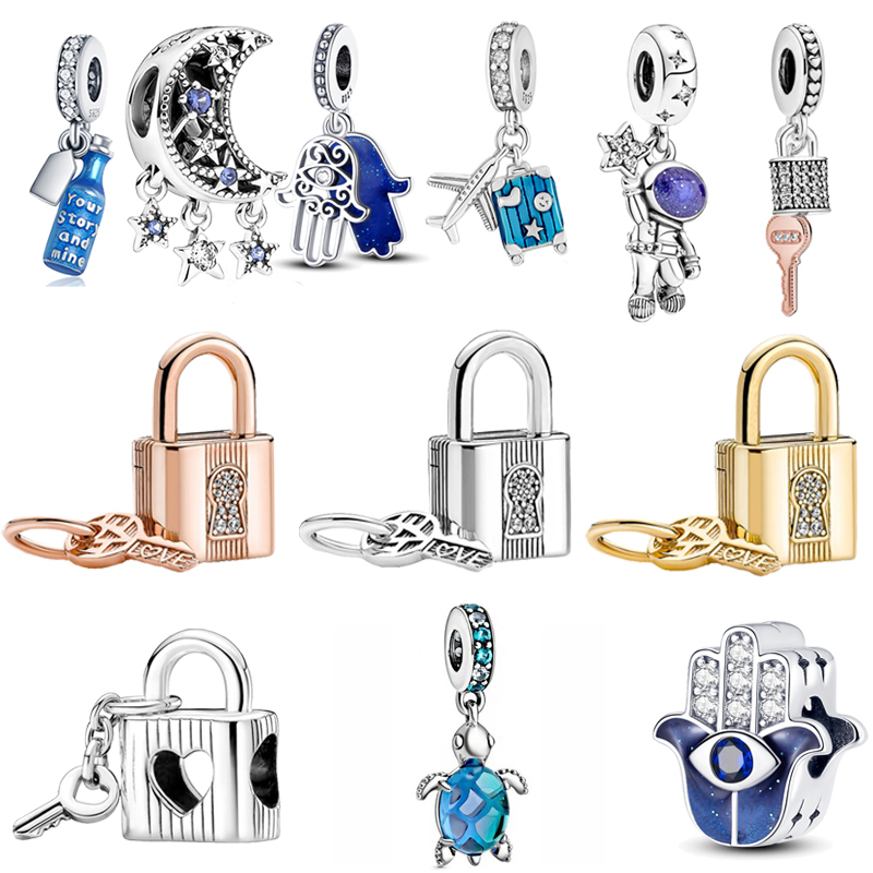 2024 New Popular 925 Sterling Silver Blue Key Lock Pendant Charm Is Suitable for Primitive DIY Women's Bracelet Fashion Jewelry Accessories