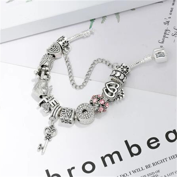 Silver Plated Heart Key Pendant Charm Bracelets For Women Original Girls Princess Crown Beaded Bracelet Wife Jewelry Gc
