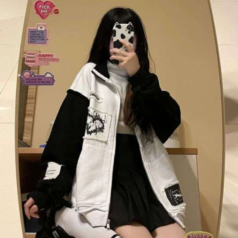 Women's Hoodies Sweatshirts Deeptown Gothic Zip Up Streetwear Women Grunge Oversized Sweatshirt Vintage Coat Korean Fashion Autumn Thin Clothes G