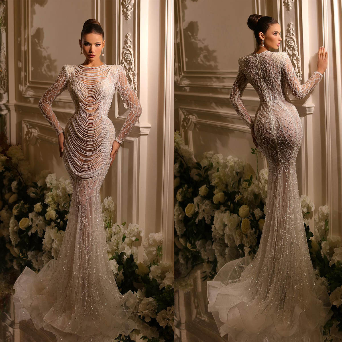 Luxury Mermaid Wedding Dresses Jewel Pearl Chain Long Sleeves Tulle Applicants Cascading Ruffles Floor Length Custom Made Plus Size Vestidos De Novia, Water melon
Luxury Mermaid Wedding Dresses Jewel Pearl Chain Long Sleeves Tulle Applicants Cascading Ruffles Floor Length Custom Made Plus Size Vestidos De Novia, Water melon