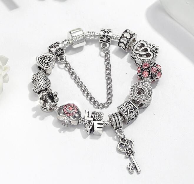 Silver Plated Heart Key Pendant Charm Bracelets For Women Original Girls Princess Crown Beaded Bracelet Wife Jewelry Gc