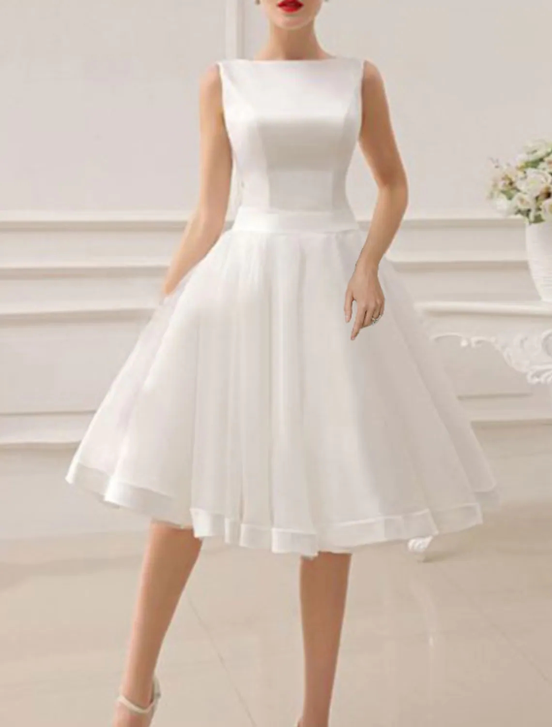Vintage A-Line Wedding Dress 2023 A-Line Jewel Neck Knee Length Satin With Bow Backless Bride Party Gowns Vestidos De Noiva Boho