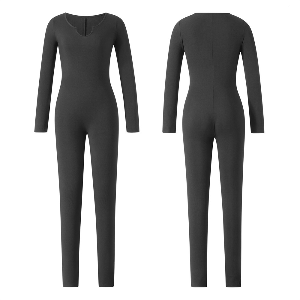 Women's Jumpsuits Rompers Women's Ribbed Yoga Jumpsuits Tight Fitting Woman Long Sleeve Jumpsuit Sport Workout Rompers Bodycon Black Bodysui