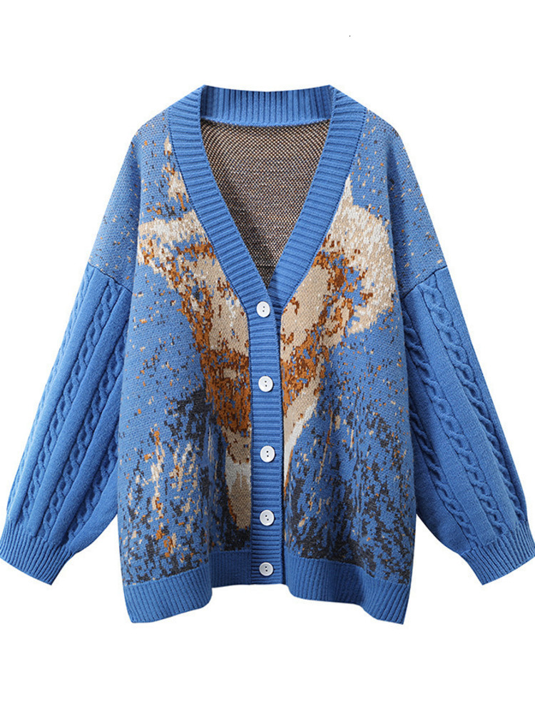 Women's Knits Tees Unisex Cardigan Sweater Harajuku Van Gogh Sunflower Knitted Button Women Men Autumn Casual Loose Knit Top Green Blue 230311
