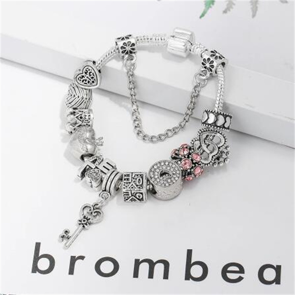 Silver Plated Heart Key Pendant Charm Bracelets For Women Original Girls Princess Crown Beaded Bracelet Wife Jewelry Gc