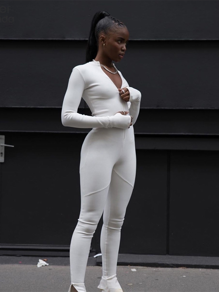 Women's Jumpsuits Rompers Sisterlinda White Rompers Womens Jumpsuits Elegant Long Sleeve Overalls Night Party Zipper Playsuits Slim Outifts Stree