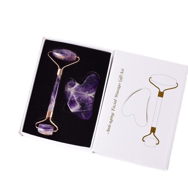 Other Massage Items Rose Gold Face Roller Amethyst Gua Sha Tool Massage Set Natural Stone Acupuncture Scraping Body Healing Massager Health Care 23031