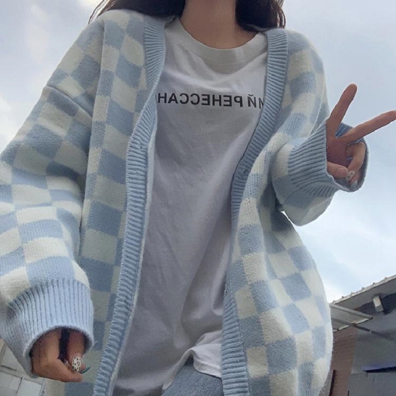 Women's Knits Tees Deeptown Korean Style Oversize Plaid Cardigan Sweater Women Vintage Checkerboard Knit Jacket Fashion Long Sleeve Jumper Female