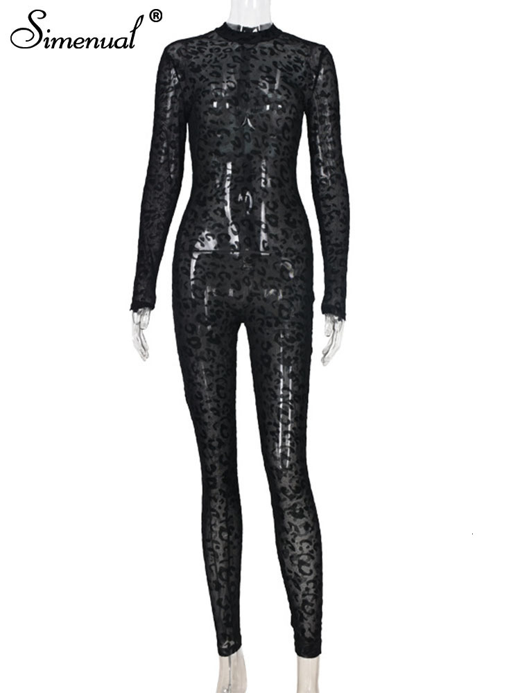 Women's Jumpsuits Rompers Simenual Animal Instinct Mesh Bodystocking Leopard See Through Velour Long Sleeve Rompers Womens Jumpsuit Sexy Midnight