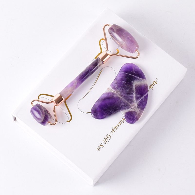 Other Massage Items Rose Gold Face Roller Amethyst Gua Sha Tool Massage Set Natural Stone Acupuncture Scraping Body Healing Massager Health Care 23031