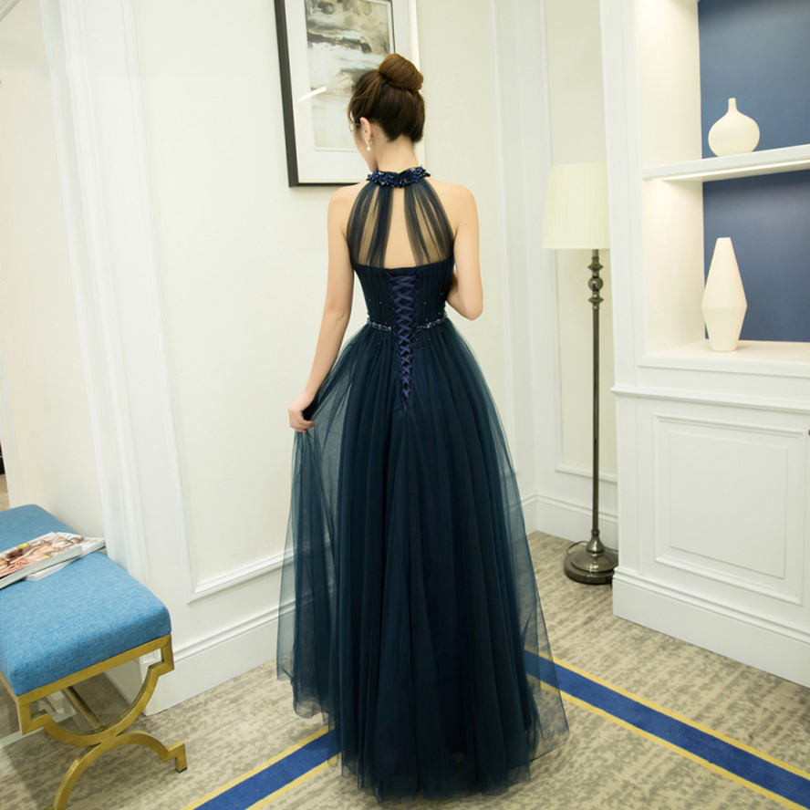 New Elegant Navy Blue Arabic Evening Dress Halter A-line Soft Tulle Off the Shoulder Party Gown Black Abendkleider