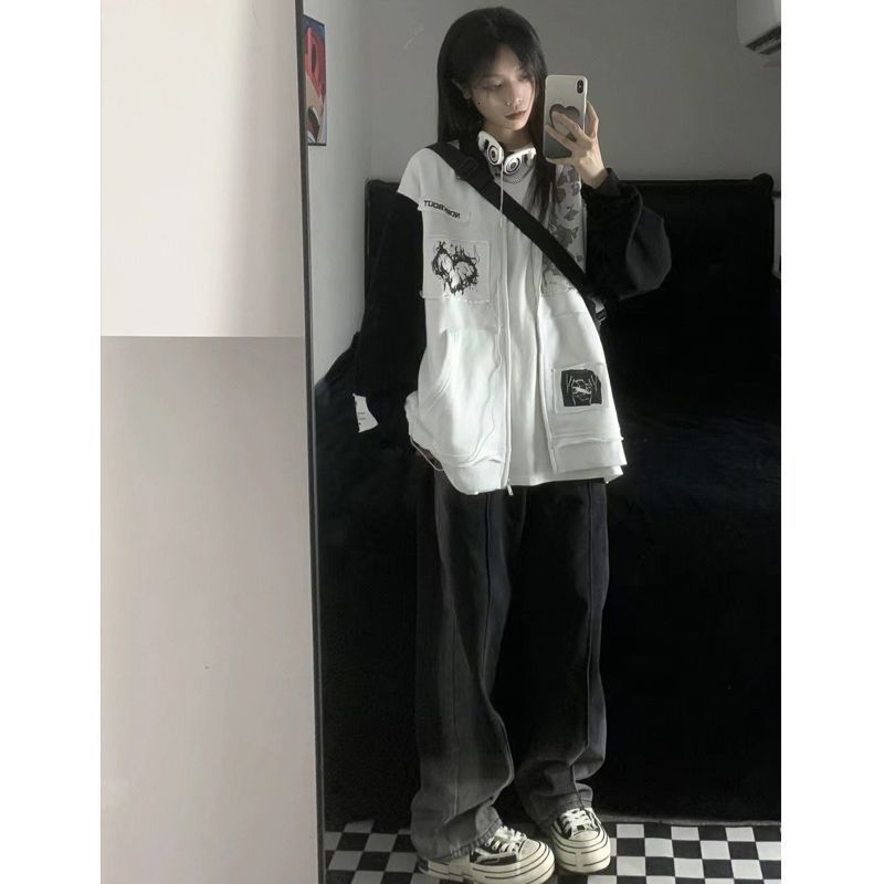 Women's Hoodies Sweatshirts Deeptown Gothic Zip Up Streetwear Women Grunge Oversized Sweatshirt Vintage Coat Korean Fashion Autumn Thin Clothes G