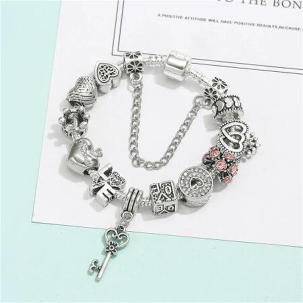Silver Plated Heart Key Pendant Charm Bracelets For Women Original Girls Princess Crown Beaded Bracelet Wife Jewelry Gc