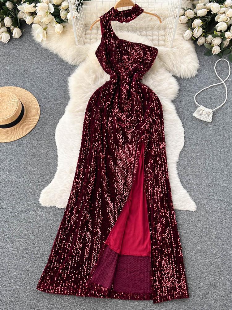 Casual Dresses YuooMuoo Elegant Shining High Split Long Dress Fashion Halter Red Black Luxry Birthday Party Lady Robe Femme
Casual Dresses YuooMuoo Elegant Shining High Split Long Dress Fashion Halter Red Black Luxry Birthday Party Lady Robe Femme