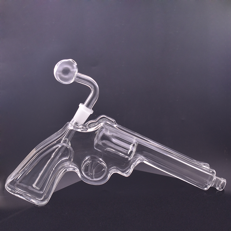 12inch Revolver Gun Shape Glass Oil Burner Bong Hookah 14mm Joint Smoking Water Pipe Heavy Thick Recycler Ash Catcher with Male Glass Oil Burner Pipes
