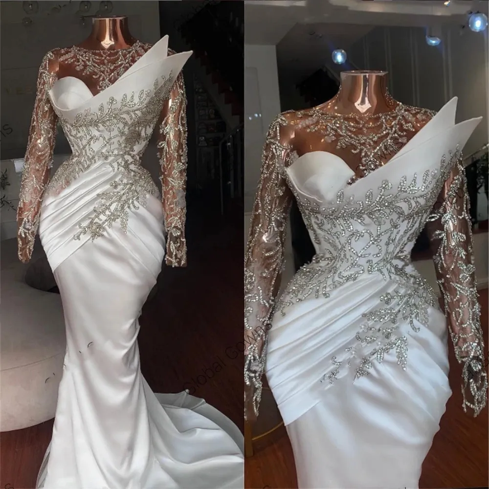 Mermaid Wedding Dresses Bridal Gown Long Sleeves Ceystals Beaded Jewel Neck Ruffles Sweep Train Tulle Custom Made Country Plus Size Vestido De Novia 4