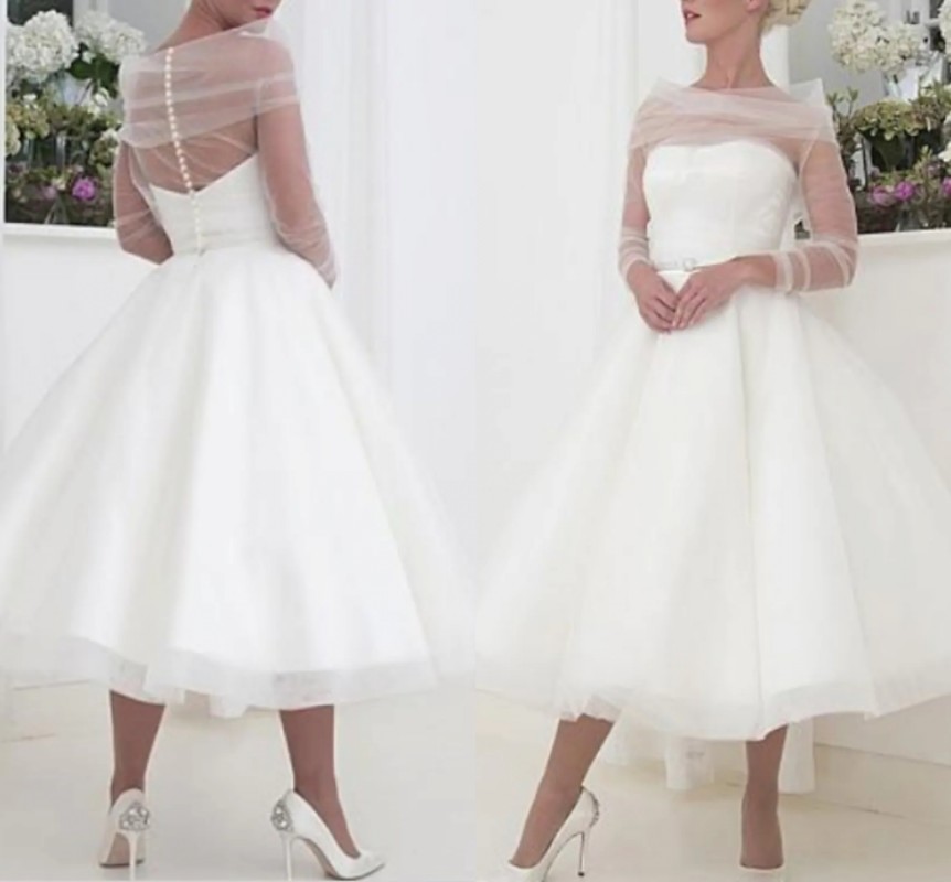 Elegant A-Line Wedding Dress 2023 Little White Tea Length Long Sleeve Bateau Neck Tulle Tulle Bride Gowns Vestidos De Noiva Boho
