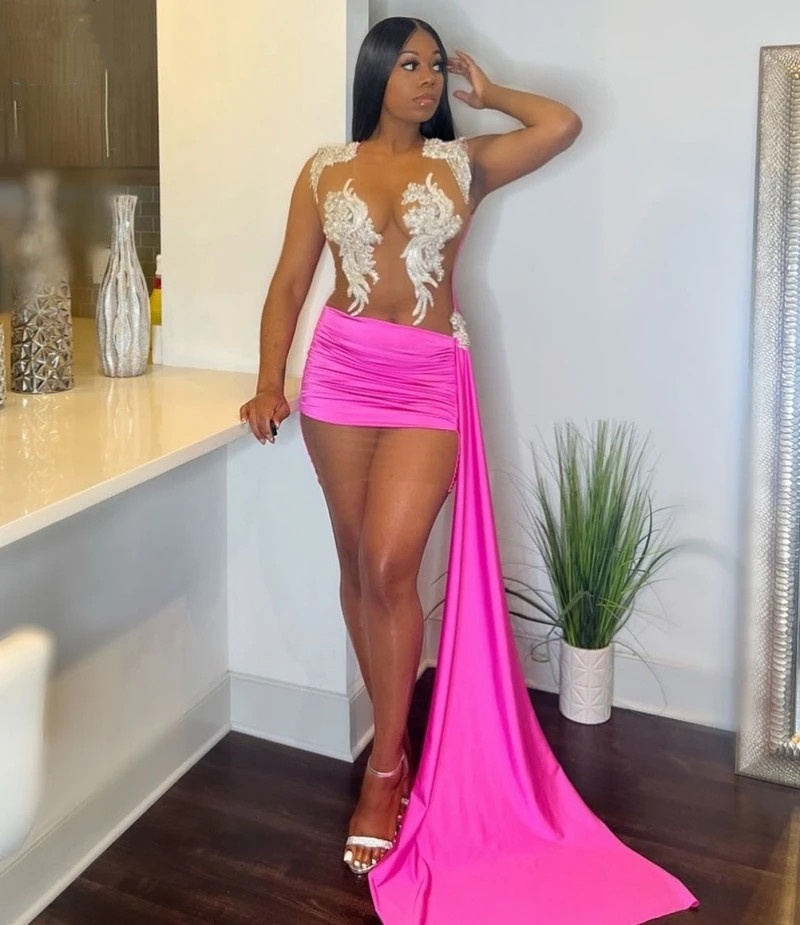 Hot Pink See Through tail Dresses For Women Party Beading Applique Short Prom Gowns Sheer Neck Girls Birthday Dress
