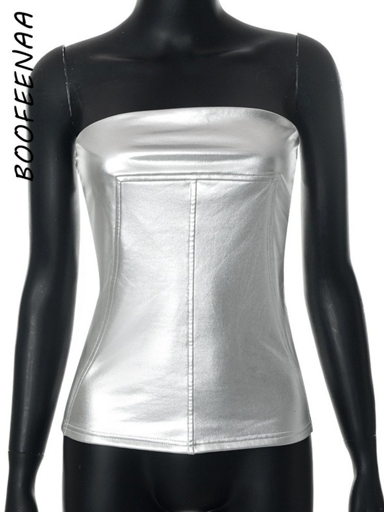 Women's Tanks Camis BOOFEENAA Y2k Street Style Metallic Silver Busiter Tube Top Sexy Clothes Women Going Out Backless Strapless Tops Clubwear C85