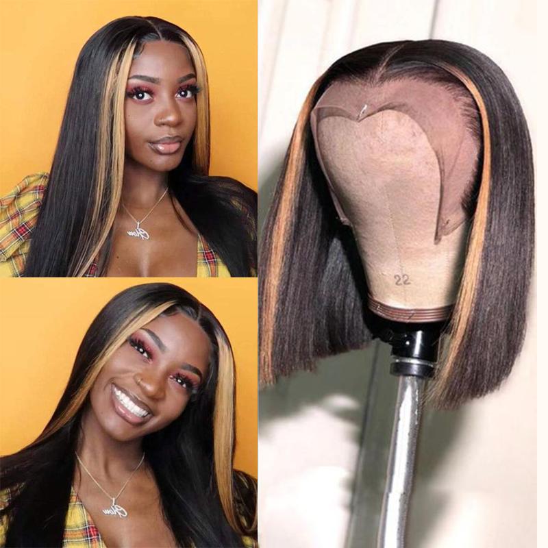 

Lace Wigs Highlight 4x4x1 Closure Wig Straight Black T Part Front Human Hair Pre Plucked Glueless Short BoB For Women, 2t2p30 st