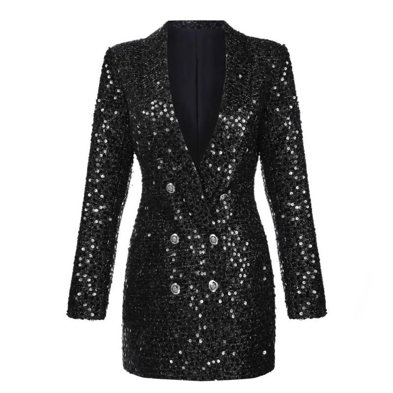 Casual Dresses Luxury 2023 Shiny Designer Blazer Jacket Women Double Lion Buttons Shawl Collar Glitter Sequined Long Runway Black Blazers Co