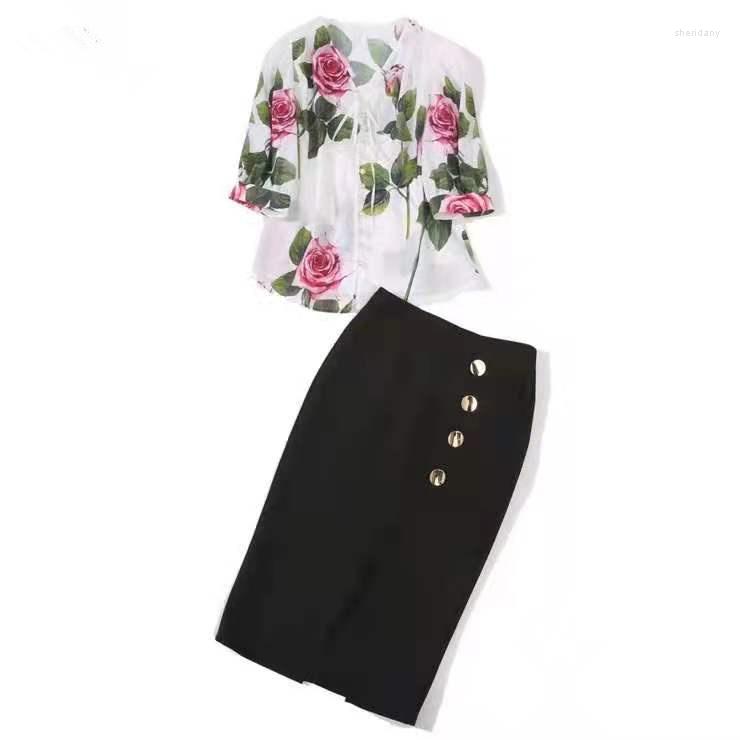 Work Dresses European And American Women' Wear For Summer 2023 Rose Print Shirt With Five-quarter Sleeves Black Skirt Fashion Suits, White
Work Dresses European And American Women' Wear For Summer 2023 Rose Print Shirt With Five-quarter Sleeves Black Skirt Fashion Suits, White