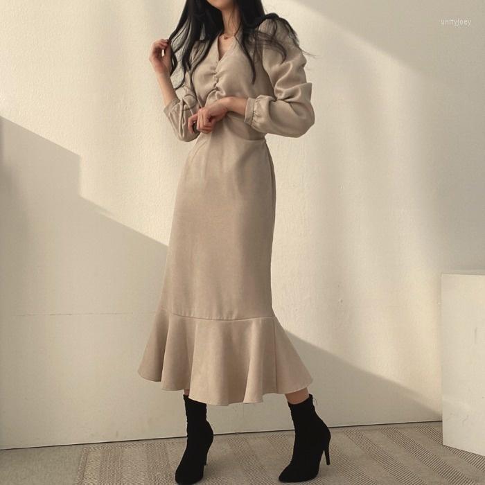 Party Dresses Women' Dress Korean Chic Winter Design Pleated V-neck Lace Up Waist Ruffle Fishtail Bottomed Long Skirt, Black
Party Dresses Women' Dress Korean Chic Winter Design Pleated V-neck Lace Up Waist Ruffle Fishtail Bottomed Long Skirt, Black