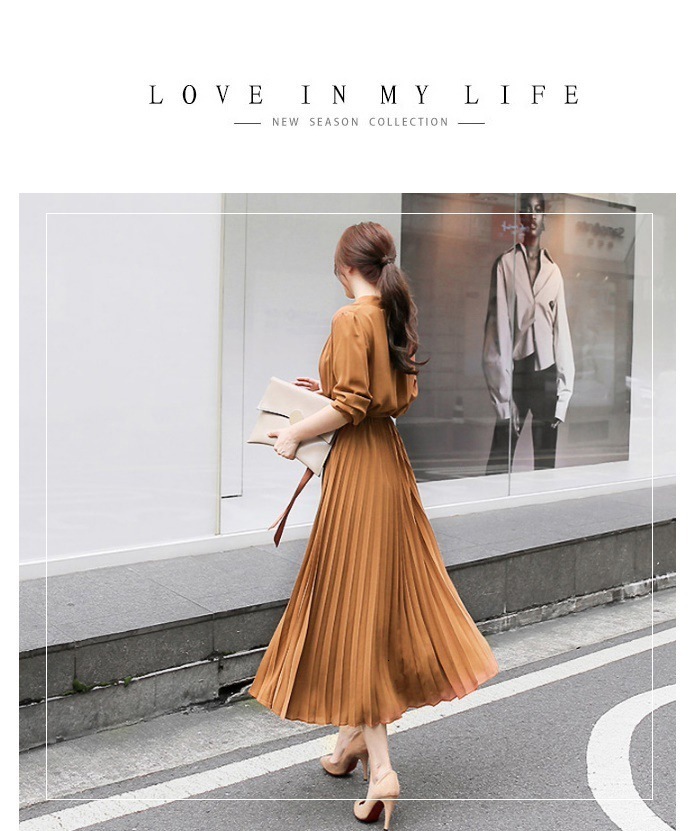 Casual Dresses Elegant Chiffon Long Sleeve Shirt Dress Women Belt Lace Up A-line Pleated Maxi Dress Korean Fashion Fall Clothes Streetwear 230313