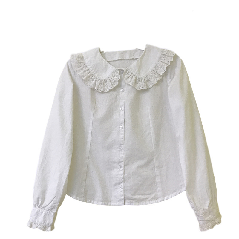 Women's Blouses Shirts Japanese Kawaii Sweet Womens White Blouses Cute Button Down Peter Pan Collar Lace Top Lolita Cotton Long Sleeve Vintage Sh