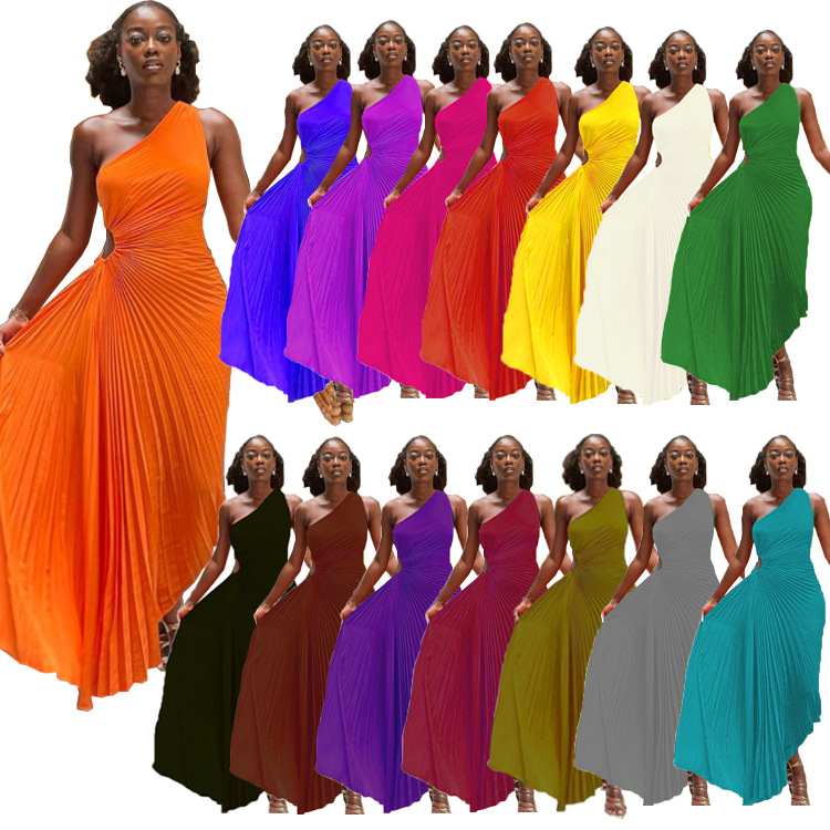 Party Dresses Slim One-Shouldered Dress With Hollow Pleated Dress