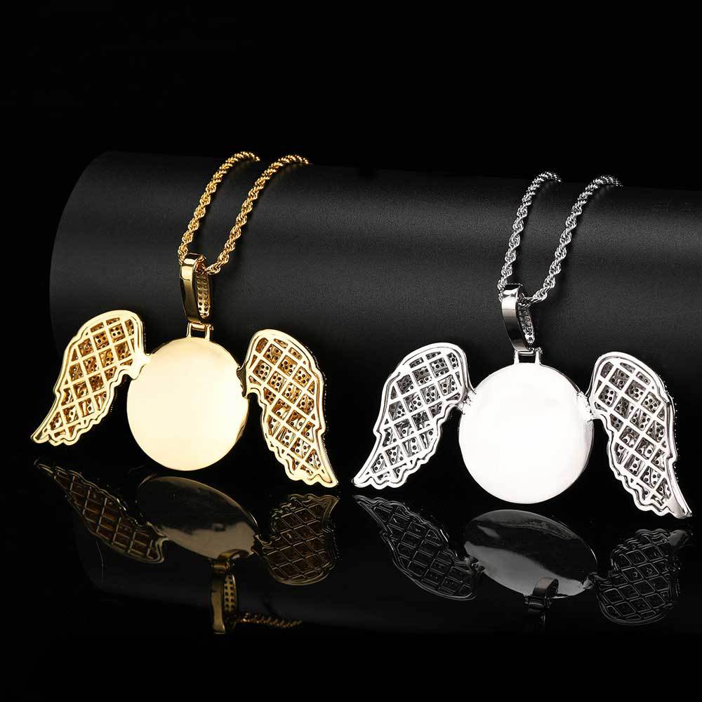 Hip Hop Big Angel Wings Custom Photo Pendant Necklace TopBling Zircon Diamond Jewelry
